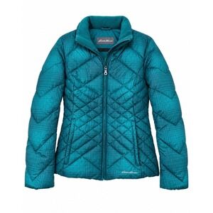 Eddie Bauer Down Puffer Jacket Women Medium Teal Plaid Excellent Quilted Winter
